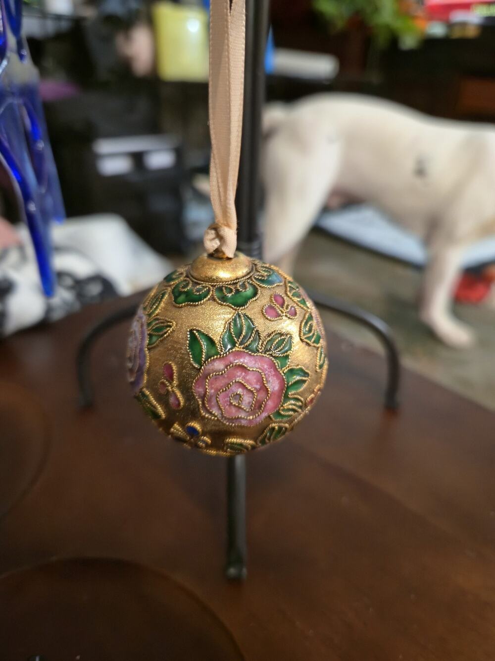 Vintage Cloisonne Enamel Ornament Floral Rose Design – Gold Tone – Hanging Ball